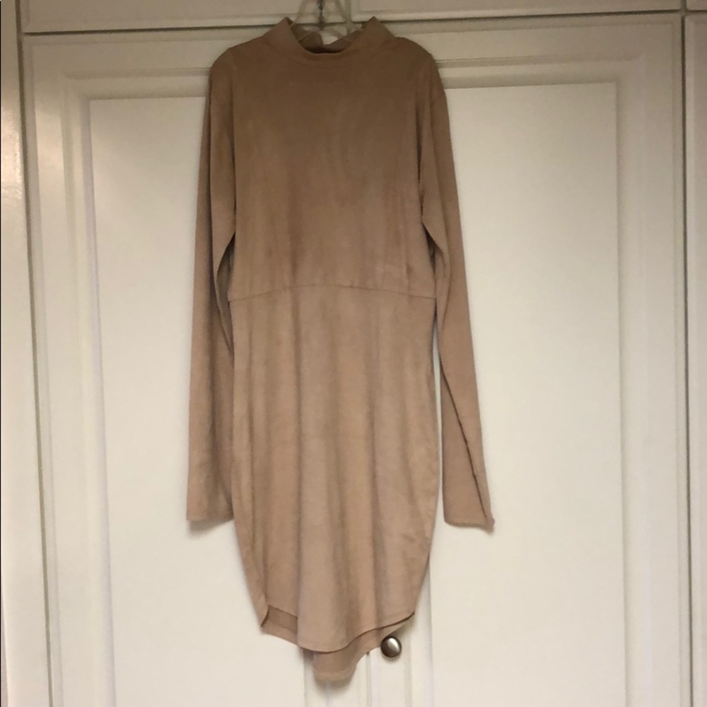 Suede mock neck tan dress